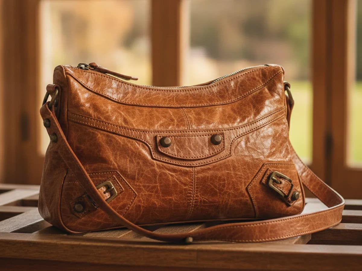 Weiche Leder-Schultertasche im Used-Look auf einer Bank