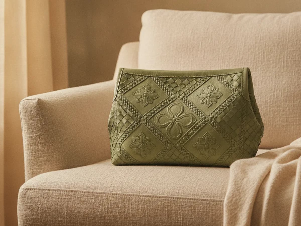 Geflochtene Leder-Handtasche auf einem Leinensofa