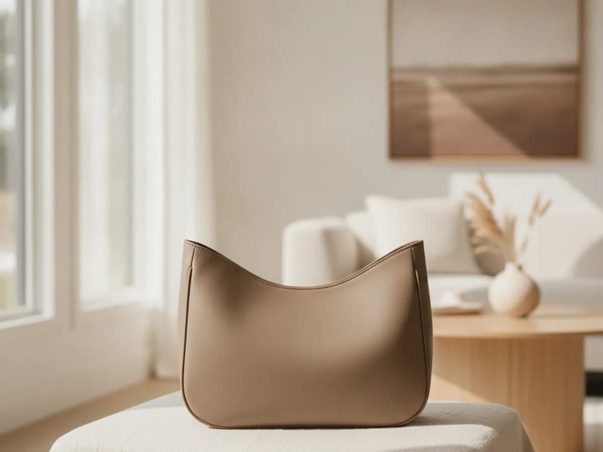 Minimalistische Leder-Handtasche in hellem Wohnambiente