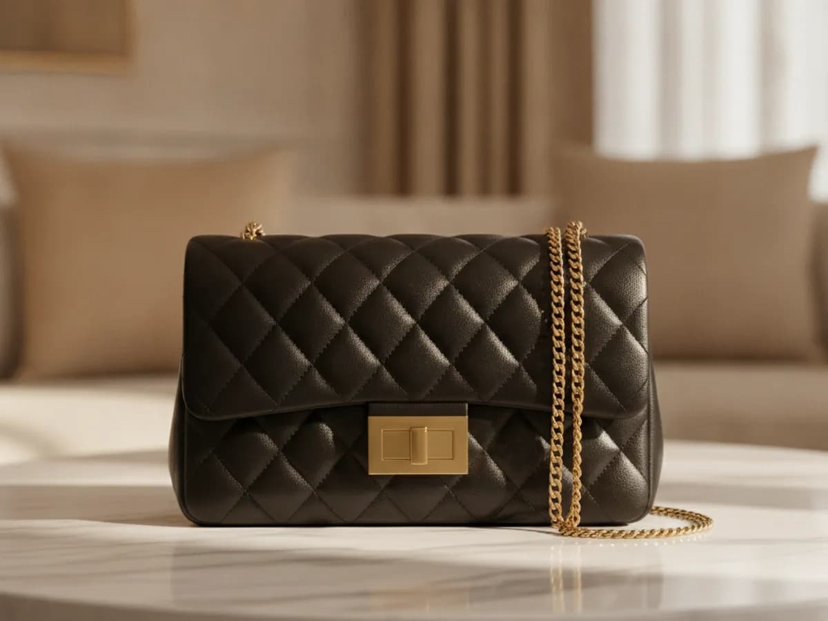 Gesteppte Designer-Handtasche mit Kette auf einem Marmortisch