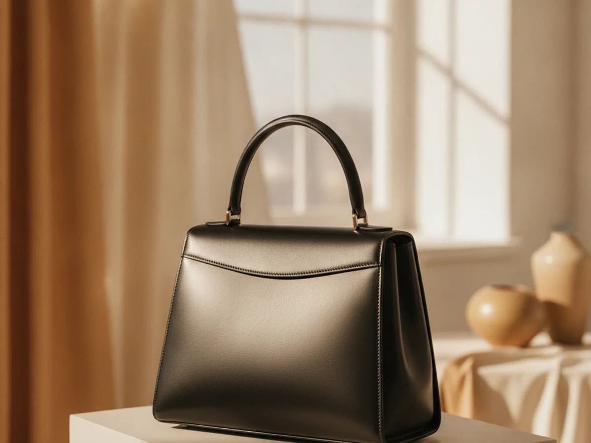 Strukturierte Designer-Handtasche mit klaren Kanten im Studio-Licht