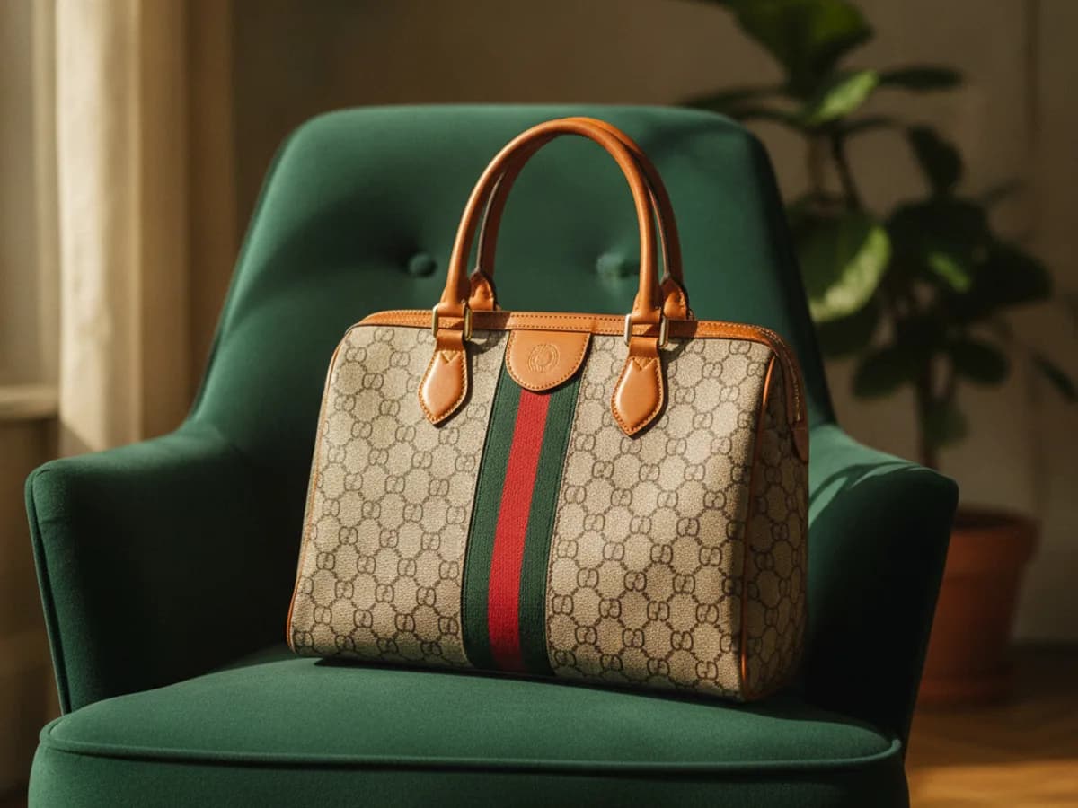 Klassische Canvas-Handtasche mit Lederdetails auf einem Sessel
