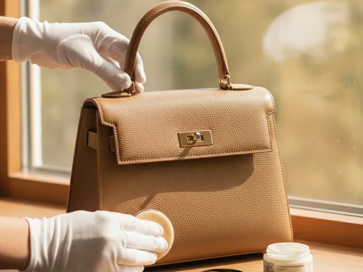 Edle Leder-Handtasche mit Schloss-Detail auf einer Fensterbank
