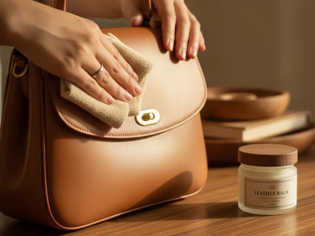 Lederpflege einer eleganten Handtasche mit weichem Tuch
