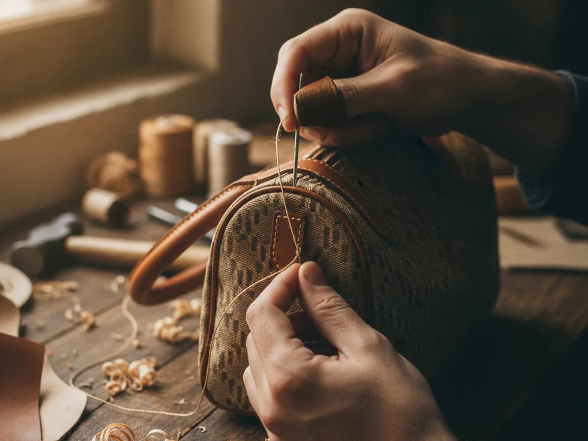 Handwerker näht den Griff einer Canvas-Handtasche in der Lederwerkstatt