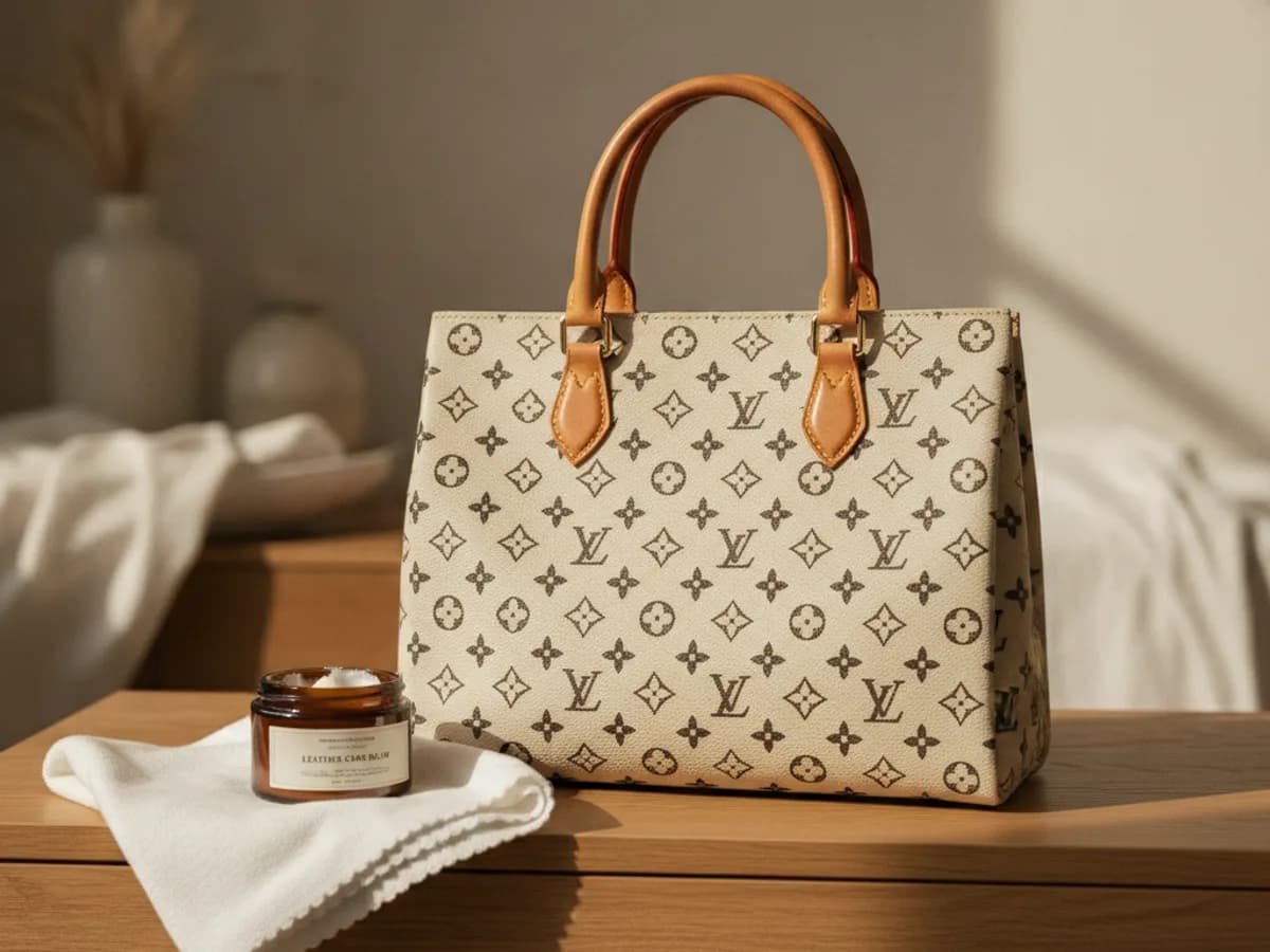 Elegante Monogram-Handtasche nach professioneller Reinigung auf einer Kommode