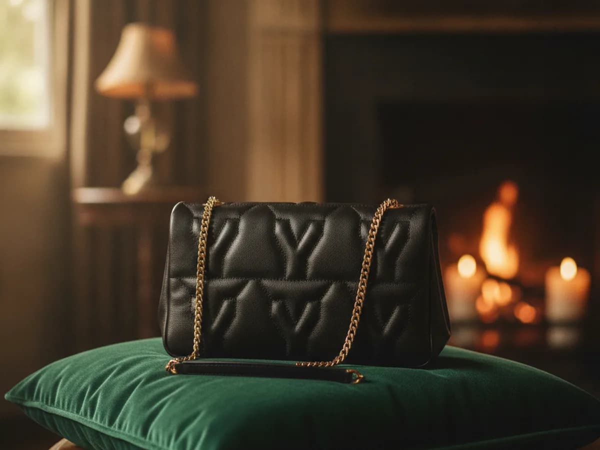Gesteppte Abendtasche mit goldener Kette auf einem Samtkissen