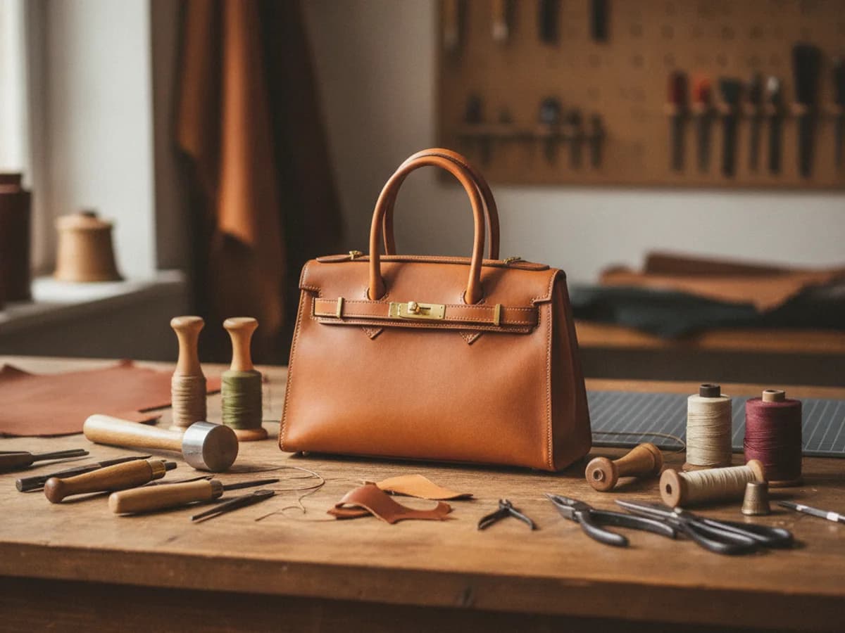 Werkstatttisch mit Lederwerkzeug und reparierter Handtasche