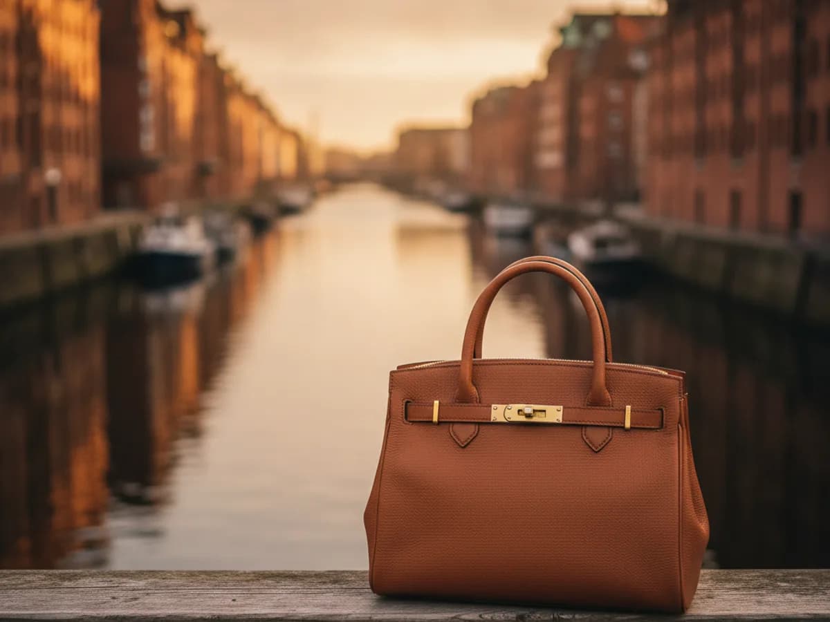 Elegante Handtasche vor städtischer Kulisse — Taschenreparatur Hamburg