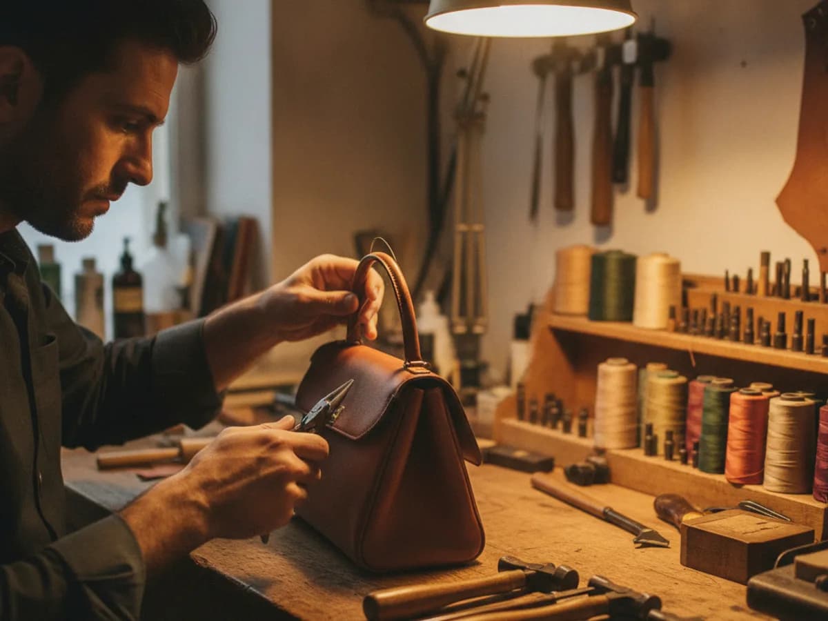 Handwerkerin repariert eine Lederhandtasche in einer Werkstatt