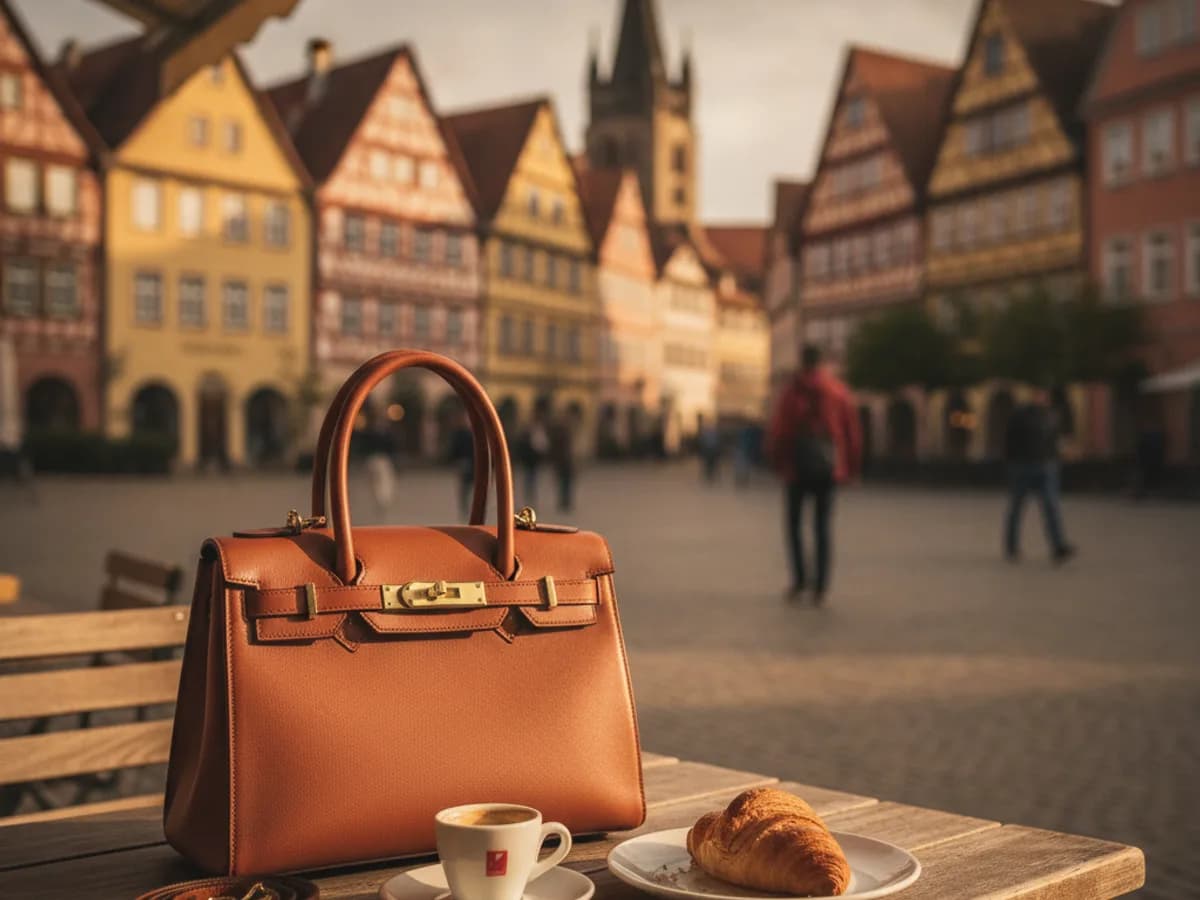 Elegante Handtasche vor städtischer Kulisse — Taschenreparatur München