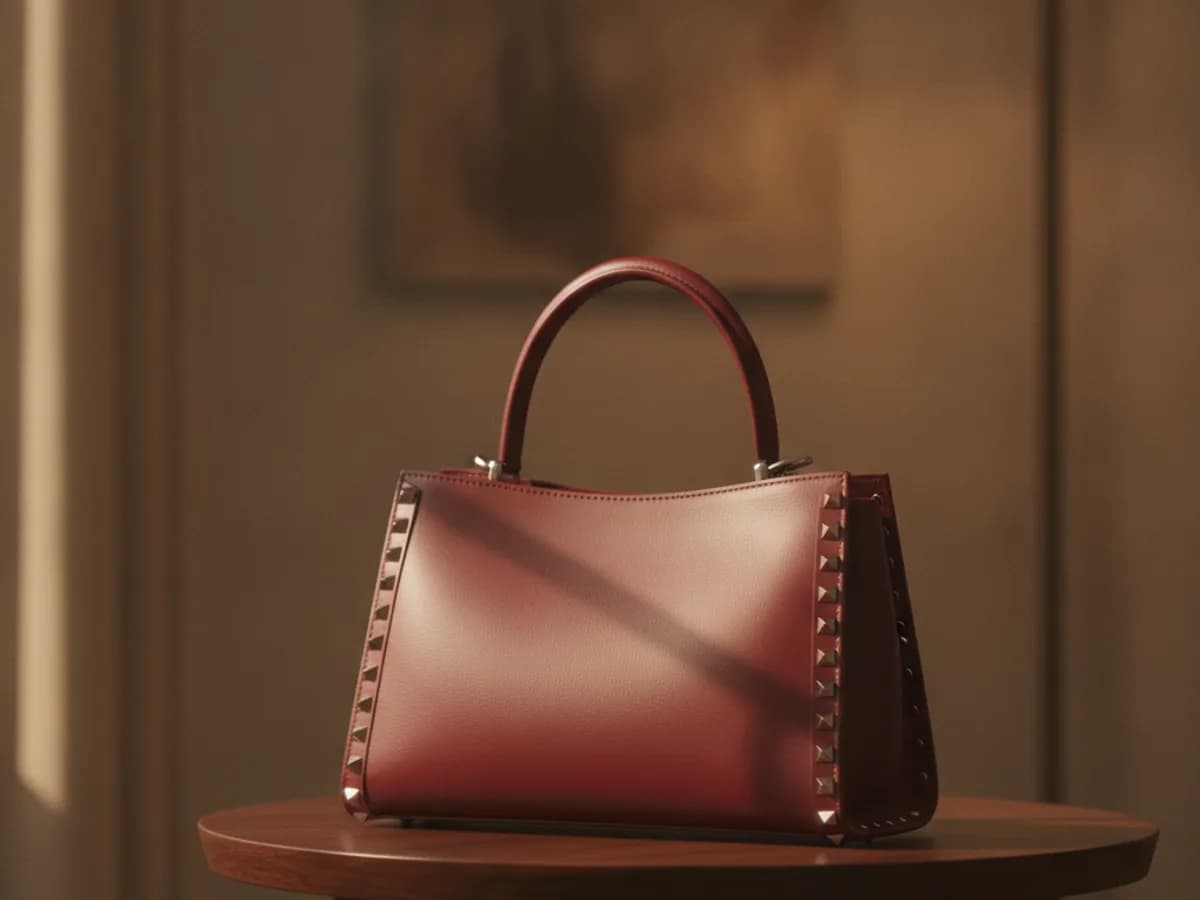 Elegante Handtasche mit Nieten-Details auf einem Beistelltisch